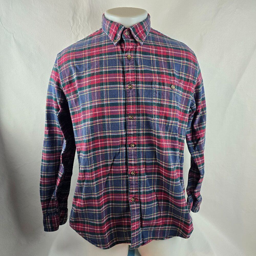 J Crew Shirt Men Large Red Button Down Flannel Plaid Elbow Patches Outdoors Slim
